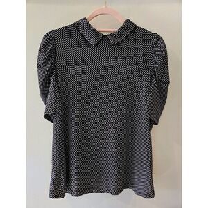 Adrianna Papell Polka Dot Puff Sleeve Blouse Black White Peter Pan Collar Medium